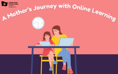 Mother and child working on a computer with the Title: A Mother’s Journey with Online Learning